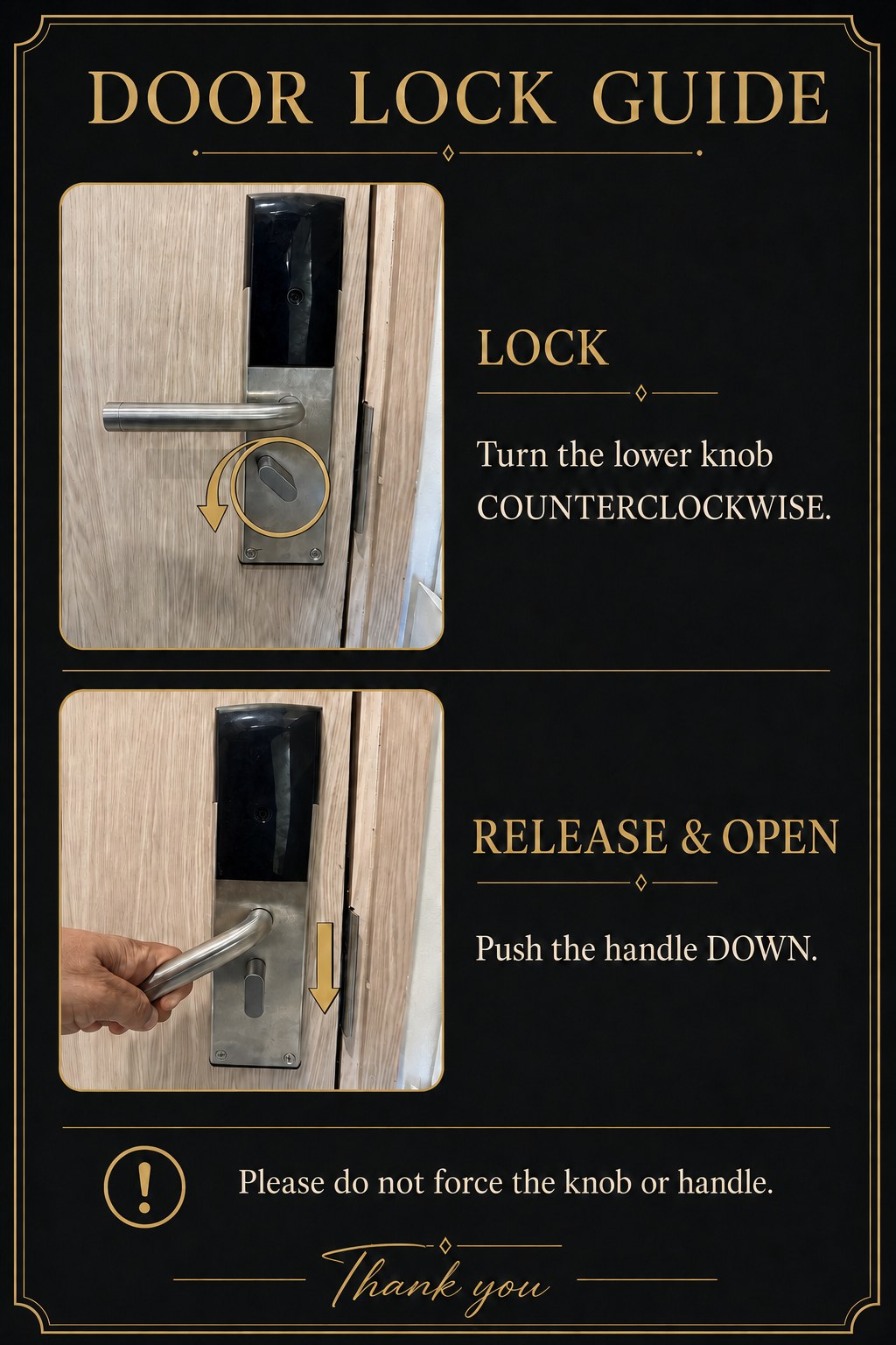 Door lock guide showing a counterclockwise turn to lock and pushing the handle down to release