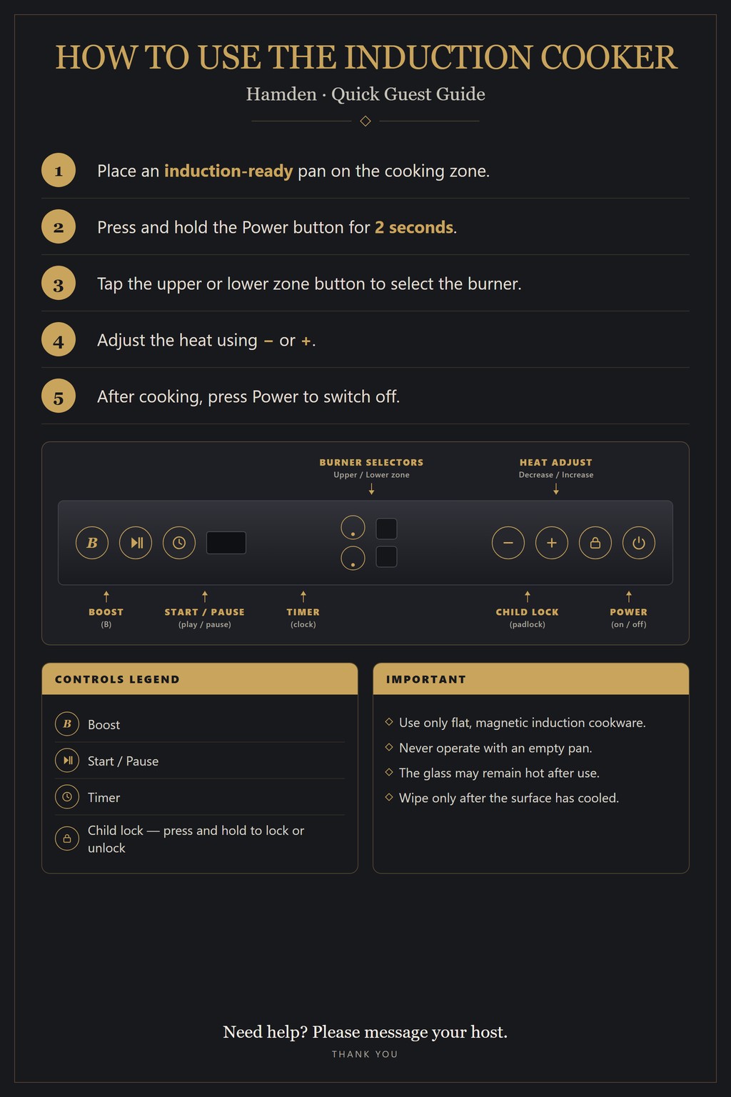 Hamden induction cooker quick guest guide with controls and safety reminders