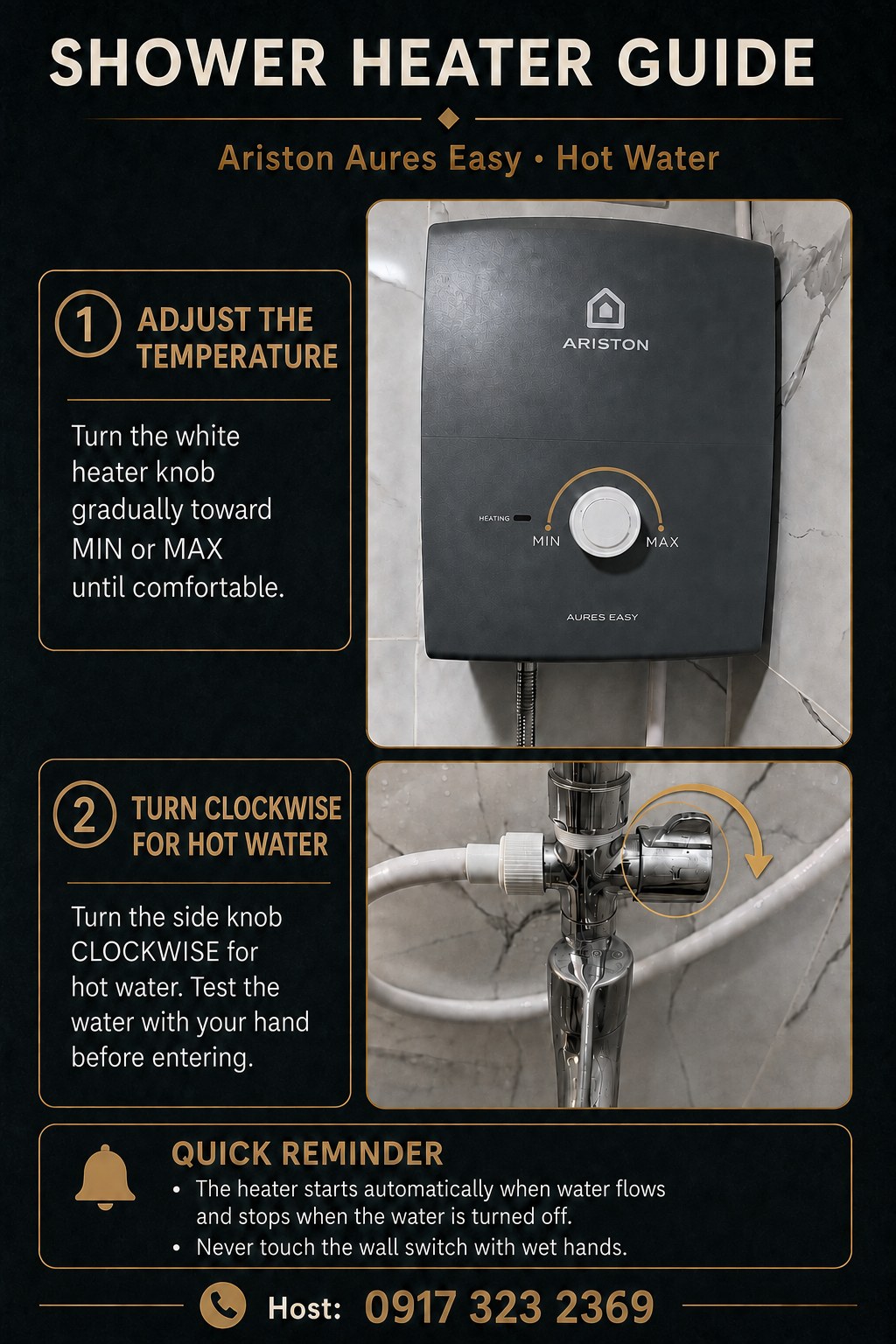 Ariston Aures Easy shower heater guide showing temperature adjustment and testing the water before entering