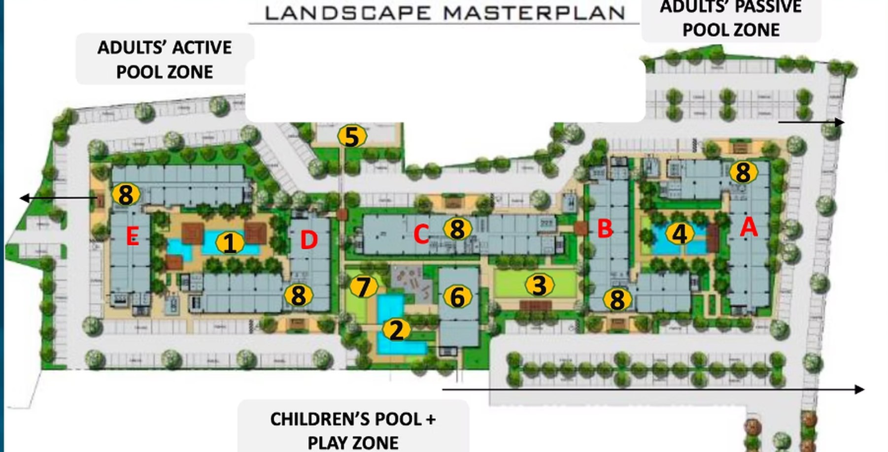 Landscape masterplan of SMDC Style Residences showing the five towers and the garden amenities